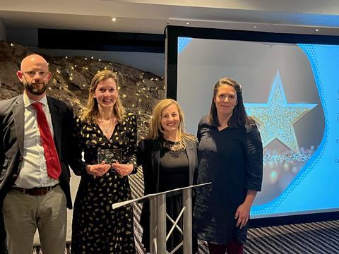 Rosie Begg accepting the Ribena Farm Stewardship Award. From left: Dan Woodhead, supply chain director at Suntory; Rosie Begg; Carol Robert, COO at Suntory GB&I; Harriet Prosser, agronomist at Suntory GB&I