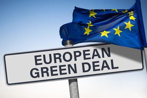 European Green Deal flag and sign Adobe