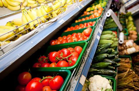 Fresh produce retail shelf close-up
