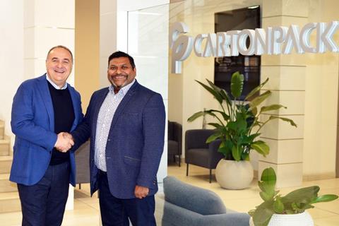 Carton Pack CEO Gianni Leone seals the deal with Shane D'Souza, CEO of Clifton Packaging