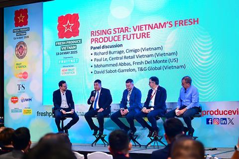 L-r: Fruitnet's John Hey chairs the opening panel discussion with Paul Le (Central Retail Vietnam), David Sabot-Garrelon (T&G Global), Mohammed Abbas (Fresh Del Monte) and Richard Burrage (Cimigo)