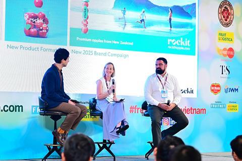 L-r: Fruitnet's Yuxin Yang discusses digital marketing with Rockit's Hannah de Valda and Ryan Molloy of Redfern