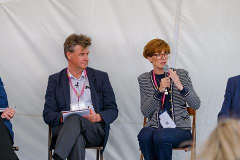 Ali Capper (right) speaking and Martin Emmett, chair of the NFU Horticulture and Potatoes Board, at Festival of Fresh 2022