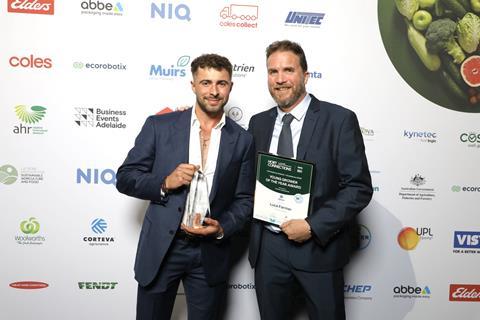 Young Grower of the Year Award partnered by Corteva Agriscience. Winner Luca Farmer from Farmer Group (Left). Presented by Nicholas Koch from Corteva Agriscience (Right) Ausveg