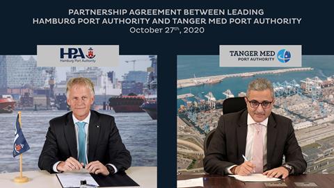 Jens Meier, CEO der Hamburg Port Authority (HPA) (li.) und Mehdi Tazi Riffi, Managing Director Tanger Med Port Authority (TMPA) Foto: Tanger Med Port Authority/Hamburg Port Authority