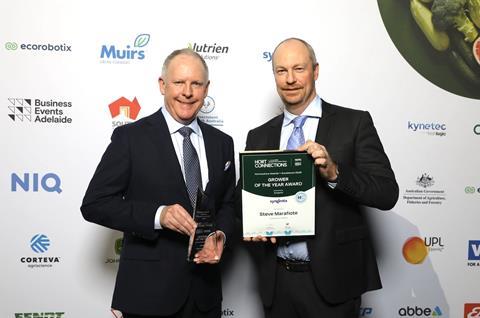 Grower of the Year Award partnered with Syngenta. Winner Steve Marafiote from Sundrop Farms was unable to attend and the award was accepted on his behalf by Mark McAra. Presented by David Van-Ryswyk from Syngenta