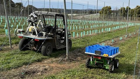 AU Green Atlas Cartographer left Burro autonomous vehicle right PIPS 4 Profit Tingira Orchard Batlow NSW