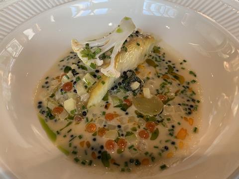 Roast halibut, Golden Kings salt cod brandade, shaved cauliflower, pickled seaweed and roe butter sauce