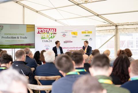 Andrew Eastwood, Vitacress Salads MD (right) speaks to Michael Barker at Festival of Fresh 2024