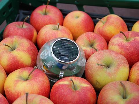 Mit dem Respirationssensor, hier zwischen Äpfeln platziert, soll die richtige Luftfeuchtigkeit besser kontrolliert werden können.