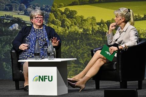 Defra secretary Thérèse Coffey (left) dismissed UK produce supply issues at the NFU conference