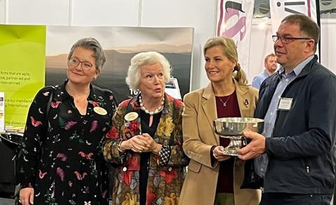 From r-l: Richard Edmed receives the NFS Shread Cup from the Countess of Wessex, NFS president Teresa Wickham and NFS chair Sarah Calcutt