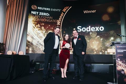 PHOTO CAPTION: Sodexo UK & Ireland’s sustainability director, Claire Atkins Morris (centre) receiving the Supply Chain Decarbonisation Award at the Reuters Sutainability Awards from host, Shaun Williamson (right). Sodexo’s business development director for corporate services, Paul Tilson is pictured with Claire on the left.