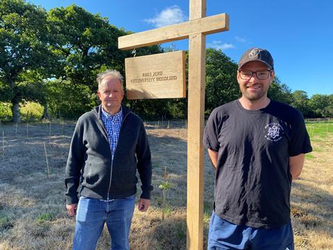Root Zero environment and biodiversity advisor Roger Mathias (left) with Root Zero grower Morgan Scale in the new woodland