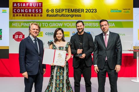 (l-r) Chris White with Rockit Global brand manager Xin Hu, GM of global marketing Julian Smith and David Axiotis as Rockit Global accepts the 2023 Marketing Campaign of the Year Award
