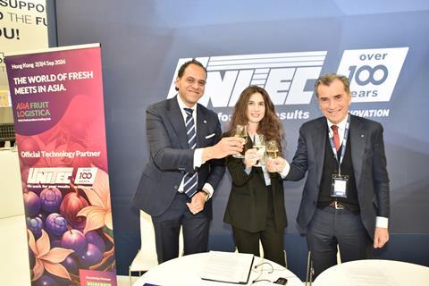 Unitec AFL 2026 partnership Nour Abdrabbo, Global Sales Director of UNITEC; Shasa Lo Russo, Head of ASIA FRUIT LOGISTICA International Markets; Angelo Benedetti, President of UNITEC