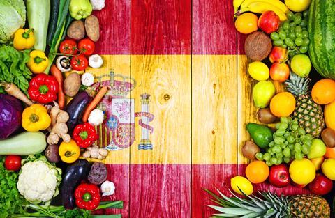 Fruits and vegetables on Spanish flag wood